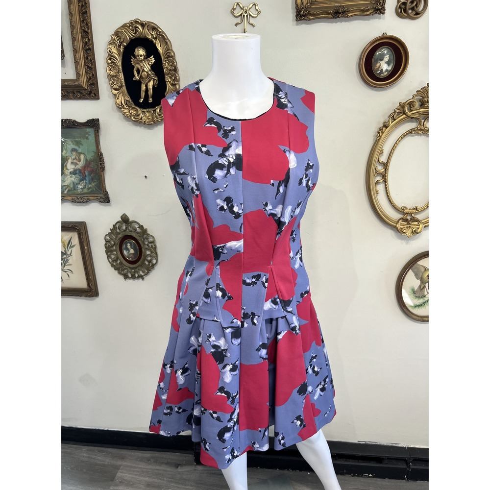 Thakoon Red Blue Abstract Floral Sleeveless Drop Waist Cocktail Dress Size S